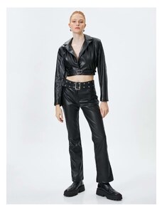 Koton Crop Leather Look Jacket Reverse Collar Belt Detailed - 4wal50003ıw Black