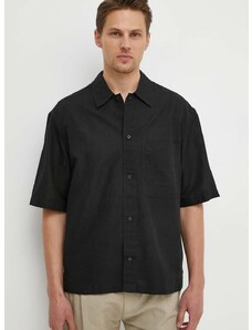 Ľanová košeľa Calvin Klein Jeans čierna farba,voľný strih,J30J325173