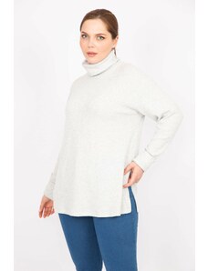 Şans Women's Gray Plus Size Turtleneck Fluffy Fabric Self Striped Tunic