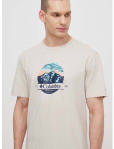 Bavlnené tričko Columbia Path Lake pánske, béžová farba, s potlačou, 1934814