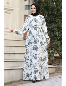 Tesettür Dünyası Hidžábové šaty v páse s veľkým kvetinovým vzorom