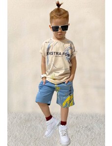 Riccotarz Chlapčenská súprava tričiek s extra zábavným textom a digitálnou potlačou s modrými šortkami