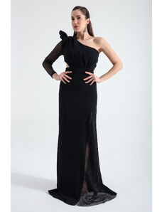 Lafaba Women's Black One-Shoulder Striped Lace Detailed Long Evening Dress