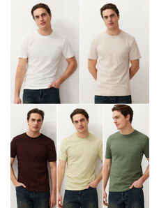 Trendyol Collection Mint-Khaki-Brown Slim/Slim Fit 5 balení Základné tričko zo 100 % bavlny