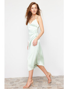 Trendyol Collection Zelené dvojradové saténové midi tkané šaty