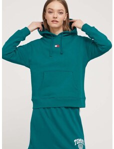 Bavlnená mikina Tommy Jeans dámska, zelená farba, s kapucňou, s nášivkou, DW0DW17326