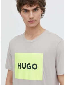 Bavlnené tričko HUGO pánsky, šedá farba, s potlačou, 50467952
