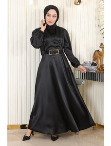 Modamihram Saténové večerné šaty s opaskom čierne