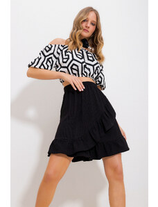 Trend Alaçatı Stili Čierna dámska elastická sukňa s pružným pásom Flounce sukňa