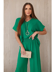 K-Fashion Súprava s náhrdelníkom blúzka + nohavice zelená