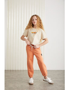 GRIMELANGE AGÁT-GRM24025 100% bavlnené tričko s krátkym rukávom pre dievčatá Béžové tričko