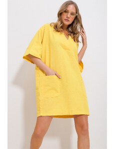 Trend Alaçatı Stili Žlté dámske tkané šaty s dvojitým vreckom a výstrihom do V