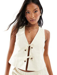 4th & Reckless Petite exclusive beaded tie front waistcoat co-ord in cream-White