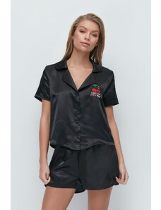 C&City Vyšívané saténové šortky pyžamá s krátkym rukávom 033 čierna