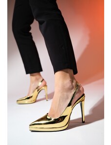 LuviShoes Dámske topánky na podpätku so špicatou špičkou na platforme SANTA Gold Mirror