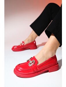 LuviShoes Dámske mokasínové topánky NORMAN z červenej lakovanej kože s kamennou prackou