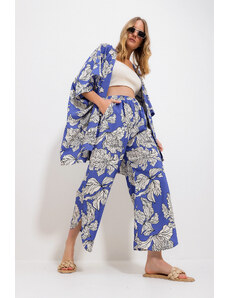 Trend Alaçatı Stili Dámske modré nohavice Palazzo a vzorované tkané viskózové kimono súprava Alc-X11707