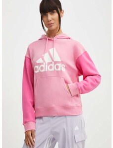 Bavlnená mikina adidas dámska, ružová farba, s kapucňou, s potlačou, IR5450