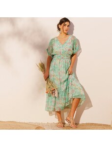 Blancheporte Dlhé voálové šaty s potlačou zelená/ružová 038