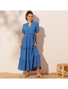 Blancheporte Dlhé volánové šaty s výstrihom do "V" žiarovo modrá 036