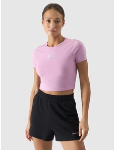 4F Dámske crop-top tričko s potlačou - púdrovo ružové