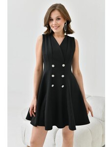 lovebox Atlas Fabric Flame Strih Button Detail Dvojradový golier Čierne spoločenské šaty Homecoming dress 9347