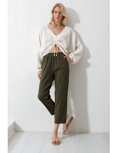 Trend Alaçatı Stili Dámske khaki nohavice Gabardine s elastickým pásom a dvojitým vreckom