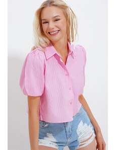 Trend Alaçatı Stili Dámska ružová bavlnená tkaná košeľa Dobby Watermelon Sleeve