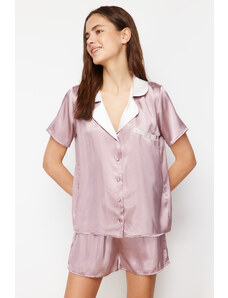 Trendyol Powder Pocket and Collar Detailed Satin Viscose Woven Pajamas Set