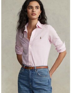 Bavlnená košeľa Polo Ralph Lauren dámska, ružová farba, slim, s klasickým golierom