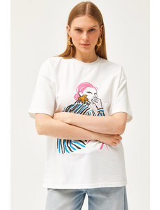Olalook Dámske ecru dievčenské tričko nadmernej veľkosti s potlačou
