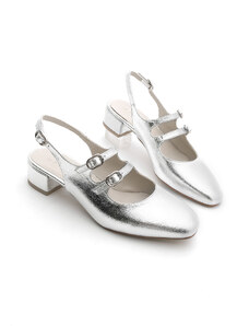 Marjin Dámske klasické topánky na opätku s dvojitým remienkom a otvoreným chrbtom Rosna Silver