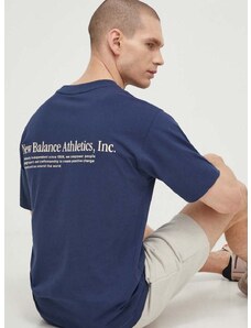 Bavlnené tričko New Balance pánske, tmavomodrá farba, s nášivkou, MT41588NNY