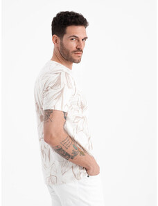 Ombre Clothing Pánske tričko s celoplošnou potlačou kontrastných listov - svetlo béžové V1 OM-TSFP-0180