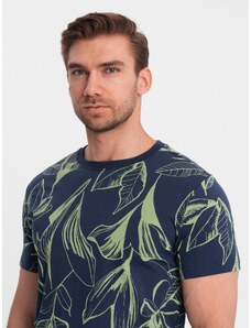 Ombre Clothing Pánske tričko s celopotlačou a kontrastnými listami - tmavomodré V5 OM-TSFP-0180