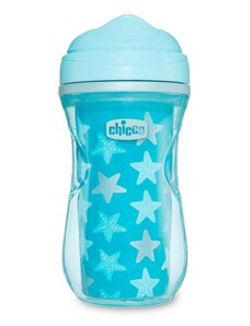 CHICCO Aktívny detský plastový termo hrnček s tvrdým náustkom 266 ml, tyrkysový, hviezdičky 14m+