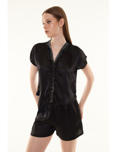 Trendyol Collection Čierny glitrový detailný saténový tkaný pyžamový set