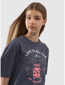 4F Dievčenské oversize tričko s potlačou - šedé