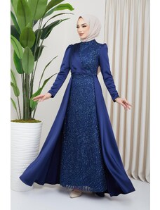 Olcay Saténové hidžábové večerné šaty s flitrami a trblietavými detailmi vpredu a mysovou sukňou K.NDİGO