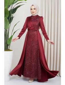 Olcay Saténové hidžábové večerné šaty s flitrami a trblietavými detailmi vpredu a mysová sukňa Claret Red
