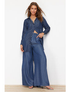 Trendyol Collection Tmavomodré 100% Tencel džínsy s vysokým pásom a širokými nohavicami s elastickým pásom