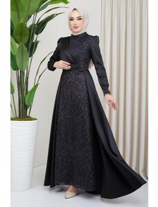 Olcay Saténové hidžábové večerné šaty s flitrami a trblietavými detailmi vpredu a mysovou sukňou ČIERNA