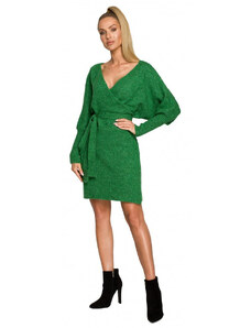 Moe M714 Zavinovací svetrové šaty s vázáním - smaragdové