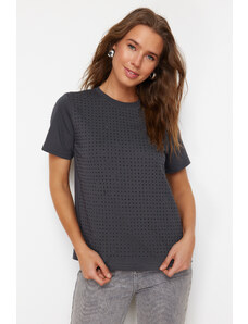 Trendyol Collection Antracit 100% bavlna Detailný strih Regular/Normal Fit Pletené tričko s výstrihom