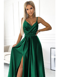 numoco JULIET - Elegantní dlouhé dámské saténové šaty v lahvově zelené barvě s výstřihem 512-1