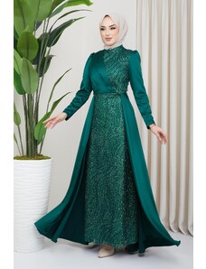 Olcay Saténové hidžábové večerné šaty s flitrami a trblietavými detailmi vpredu a mysovou sukňou ZELENÁ