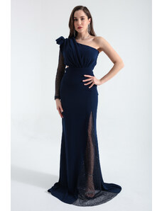 Lafaba Women's Navy Blue One-Shoulder Stripe Lace Detailed Long Evening Dress
