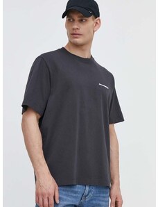 Bavlnené tričko Abercrombie & Fitch pánsky, šedá farba, s potlačou