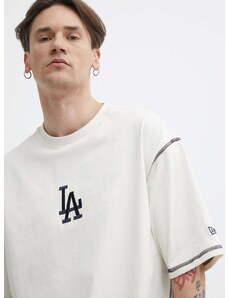 Bavlnené tričko New Era pánsky, béžová farba, s potlačou, LOS ANGELES DODGERS