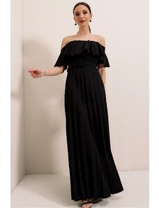 By Saygı Autor: Saygı volánový golier s pásom, plisované dlhé šaty čierne